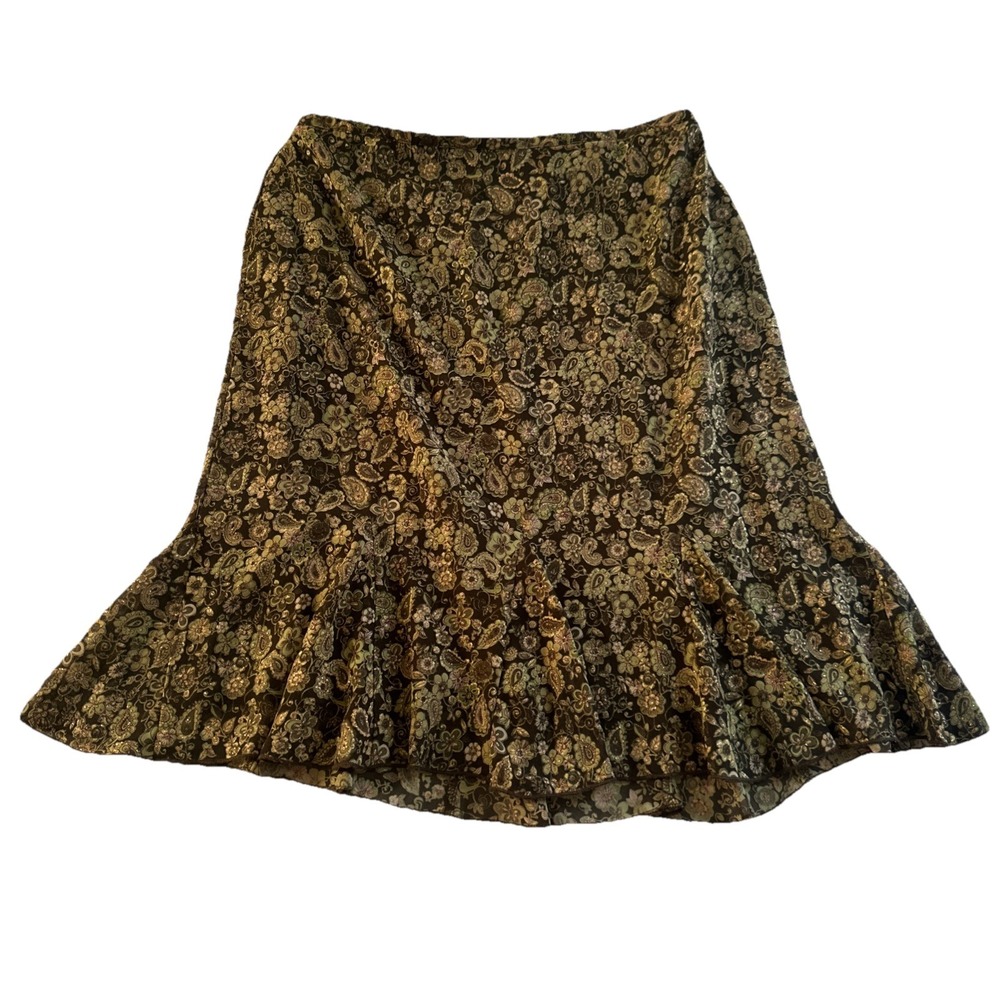 Dress Barn‎ Y2K Paisley Floral Midi Skirt Women M Brown Flowy Boho 90s